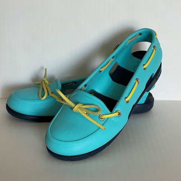 Crocs Slip On Beach Line Boat Shoes Waterproof Walking Flats Turquoise/Navy  7 - Picture 1 of 9
